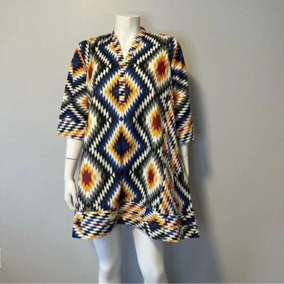 Hand Stitched Geometric tribal print Tunic top or mini dress size medium - Picture 1 of 10